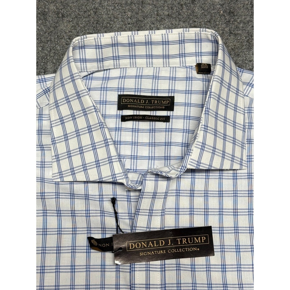 Donald Trump Dress Shirt 17.5 32/33 White Blue Check Non Iron French Cuff NEW